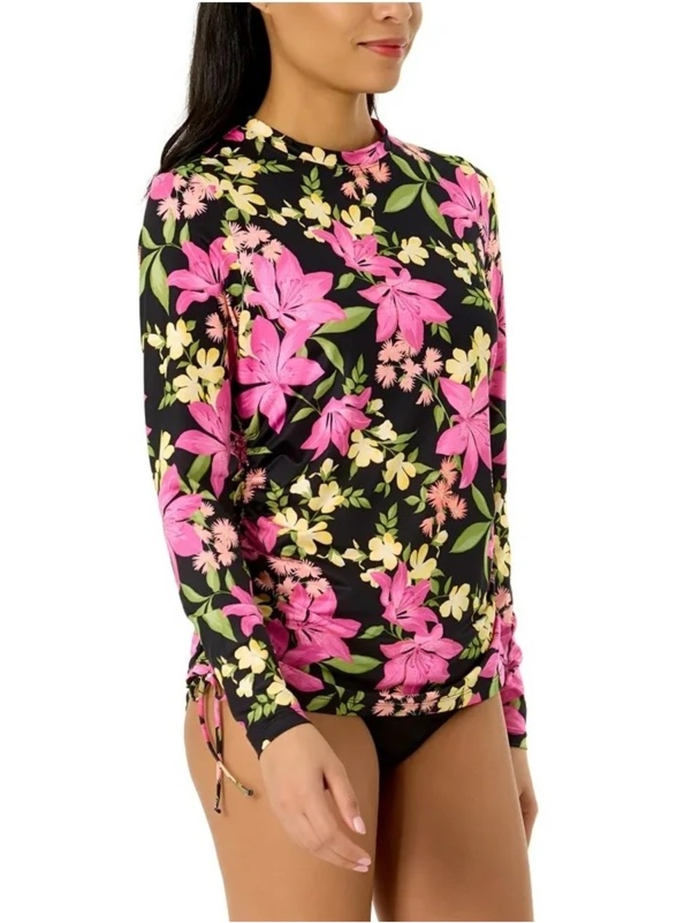 Women’s Hurley Rash Guard Ruched Sides XS BLACK floral
